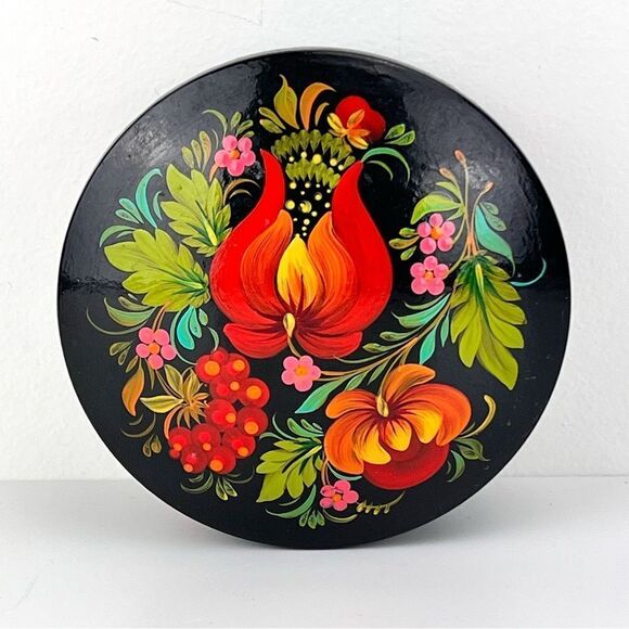 Vintage Russian Hand Painted Floral Lacquer Trinket Box Folk Art - Picture 2 of 9